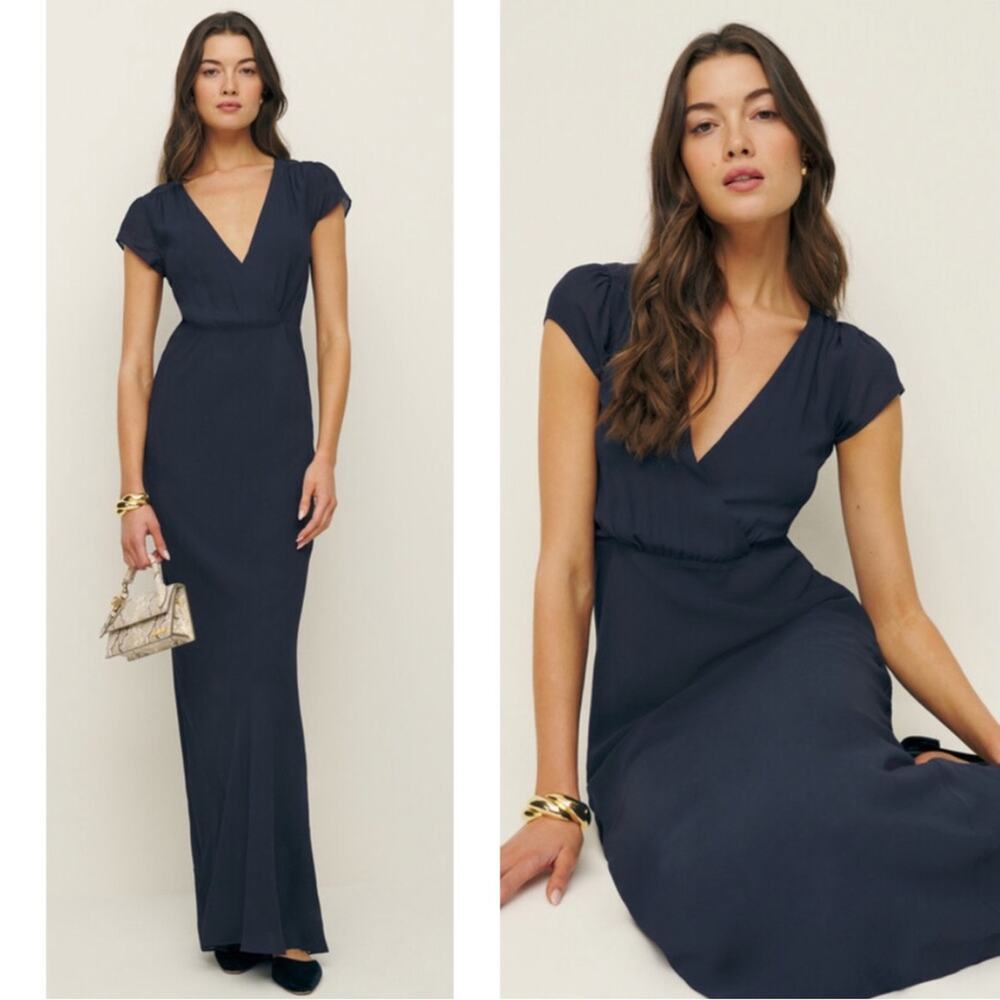 REFORMATION Nayeli Cap Sleeve V Neck Navy Blue Maxi Dress Size 8